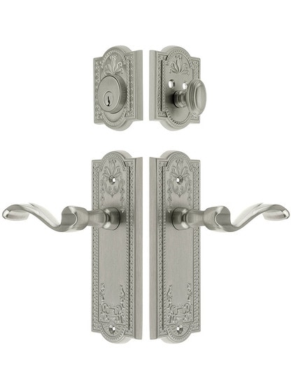 Grandeur Parthenon Entrance Door Set, Keyed Alike with Portofino Levers in Satin Nickel.